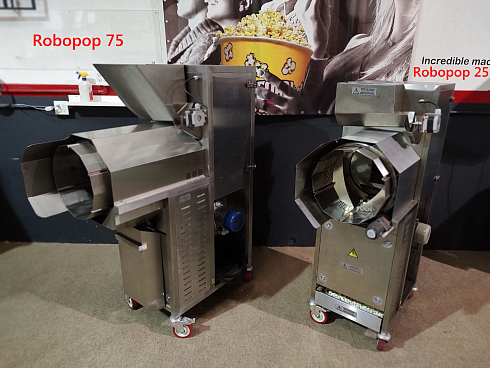Popcorn machine, Popcorn machine Robopop 75, Vortex Popcorn, Vegan Popcorn, caramelizer popcorn, industrial popcorn